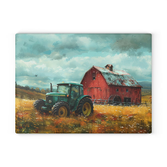 Vintage Tractor & Red Barn Glass Cutting Board — Kitchen Serving Board