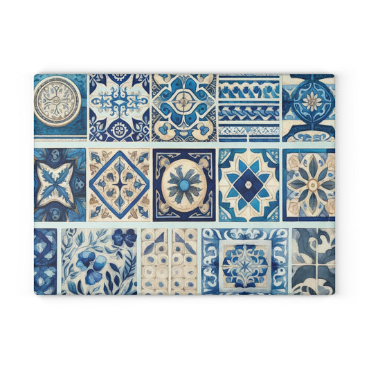 Blue Tile Pattern Glass Cutting Board — Mediterranean Mosaic Kitchen Board