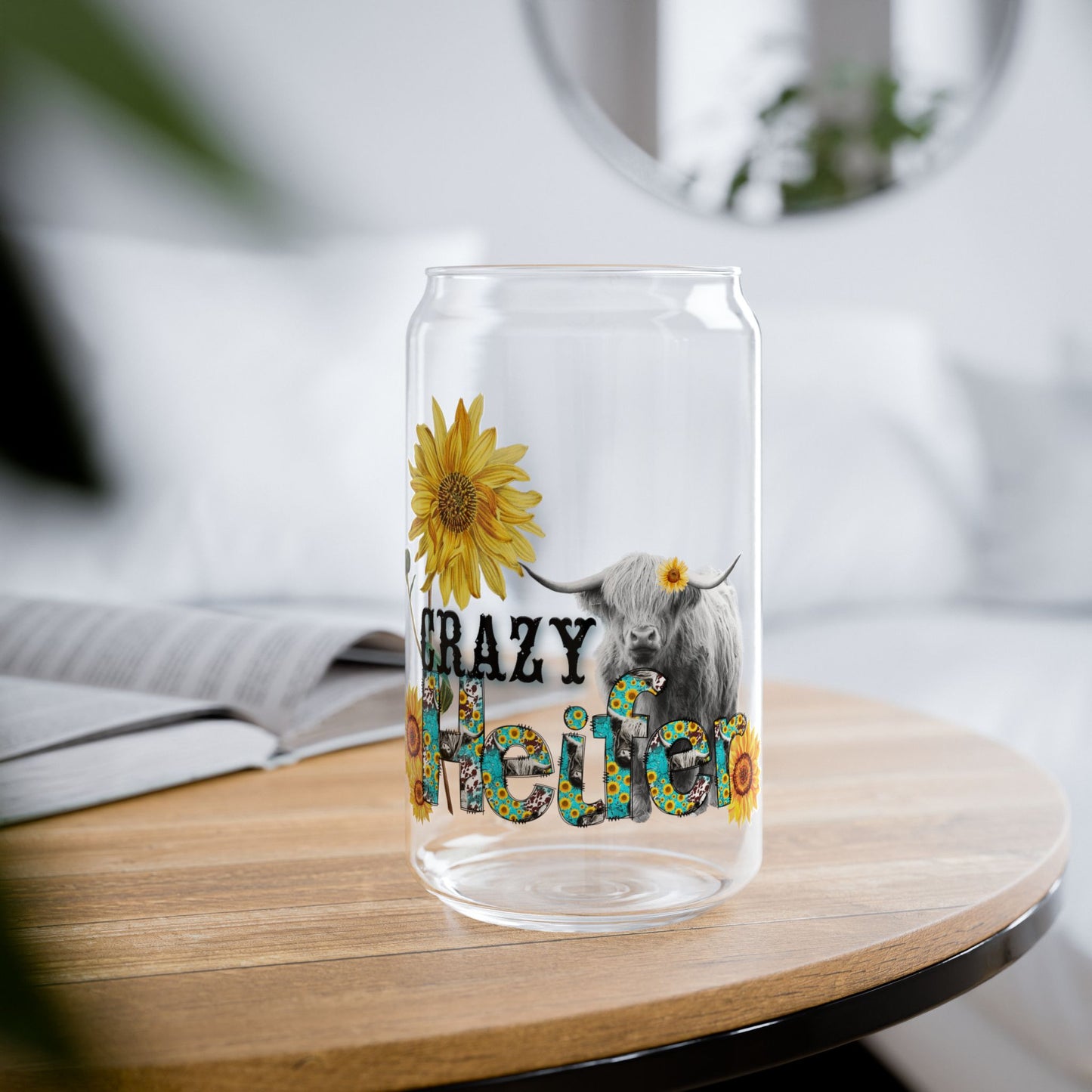 "Crazy Healer" Sunflower Cow 16oz Reusable Tumbler Sipper Glass