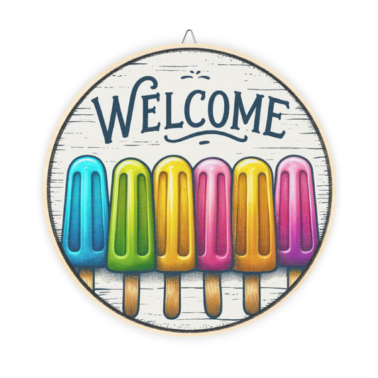 Welcome Popsicle Summer Wood Sign – Colorful Round Rustic Wall Decor