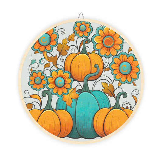 Round Autumn Pumpkin Wood Sign — Teal & Orange Fall Door Hanger