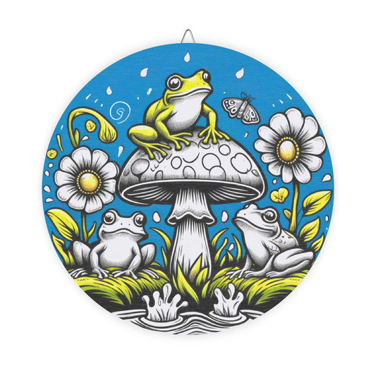 Frog Mushroom Round Wood Sign — Whimsical Garden Wall Art