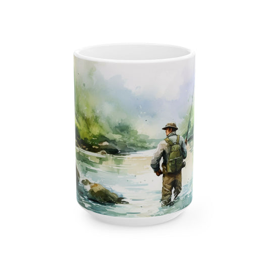 Fly Fishing Scenic Ceramic Mug — Angler River Landscape Coffee Cup (11oz, 15oz)