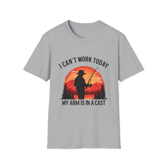 Fishing T-Shirt — "I Can't Work Today, My Arm Is in a Cast" Vintage Sunset Gift