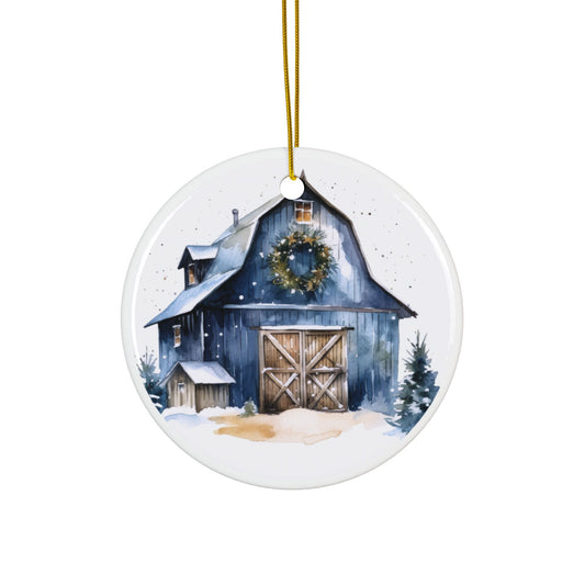 Rustic Winter Blue Barn Ceramic Ornaments - Holiday Decor
