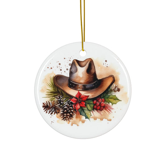 Rustic Cowboy Hat Christmas Ceramic Ornaments - 2-Sided Holiday Decor