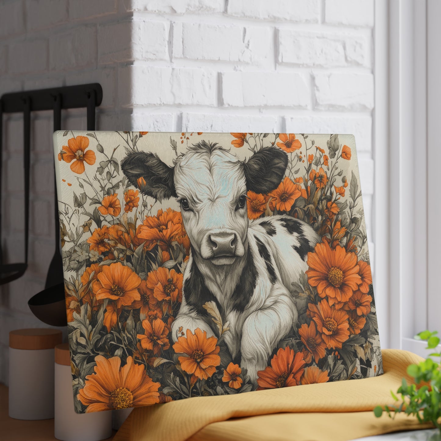 Cute Calf in Orange Wildflowers Glass Cutting Board — Decorative Chopping Board