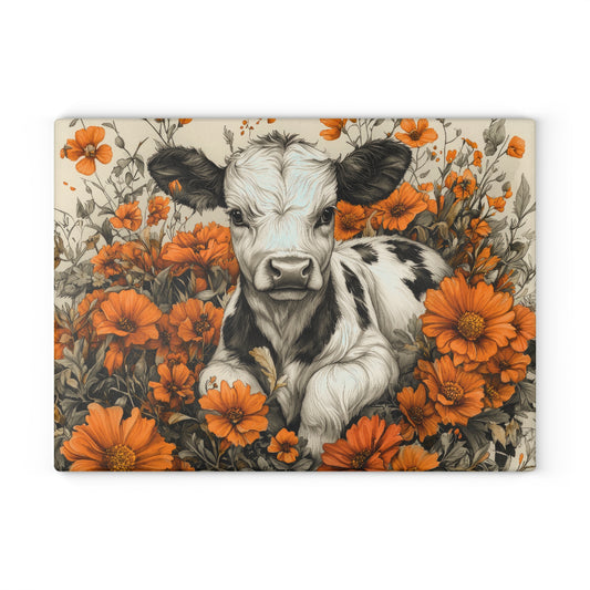 Cute Calf in Orange Wildflowers Glass Cutting Board — Decorative Chopping Board