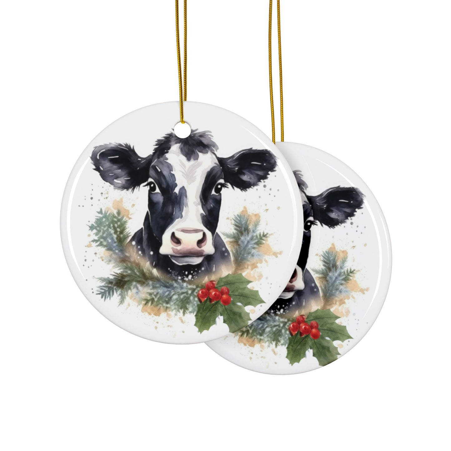 Farmhouse Cow Christmas Ceramic Ornaments - 2-Sided Design - Holiday Decor