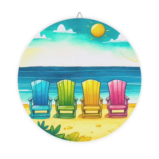 Beach Chairs Round Wood Sign - Colorful Coastal Wall Decor