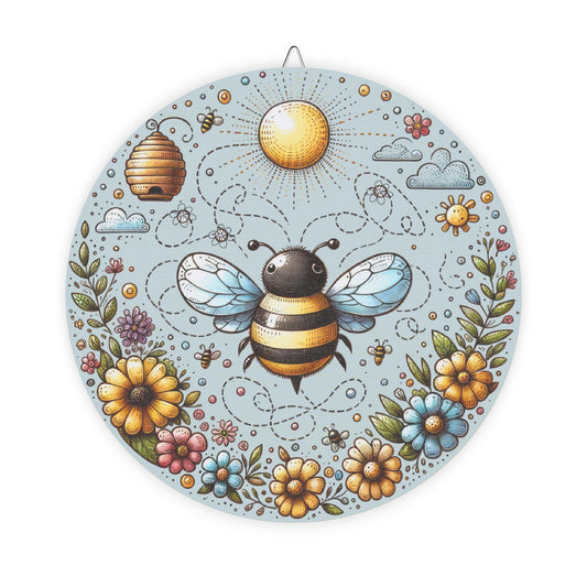 Bee Floral Round Wood Sign — Cute Cottagecore Garden Wall Décor