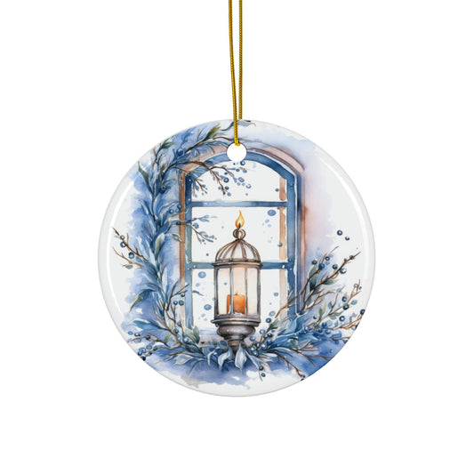 Blue Lantern Ceramic Ornaments - 2-Sided Decorative Holiday Decor