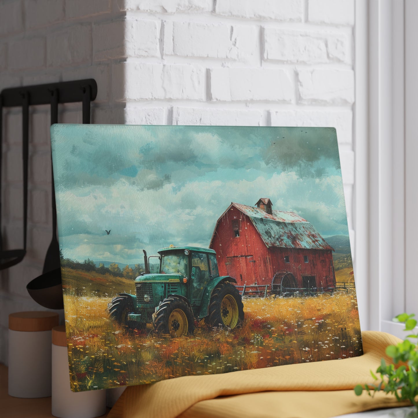 Vintage Tractor & Red Barn Glass Cutting Board — Kitchen Serving Board