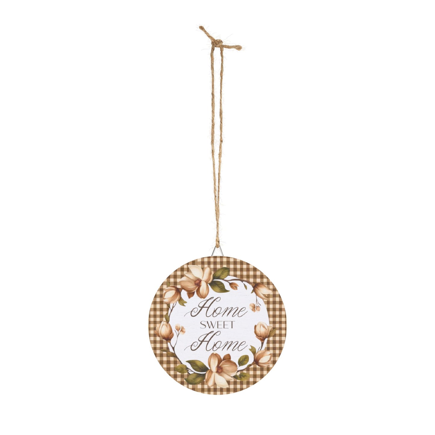 Wood Sign - "Home Sweet Home" Floral Gingham Round Wall Decor