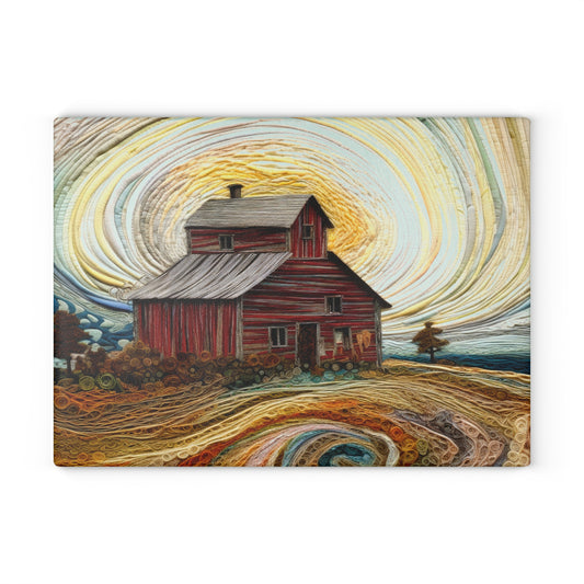 Barn Landscape Glass Cutting Board — Rustic Farmhouse Kitchen Art