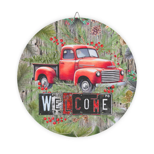 Welcome Red Truck Round Wood Sign — Rustic Farmhouse Décor for Porch, Entryway & Holiday (Welcome Text)