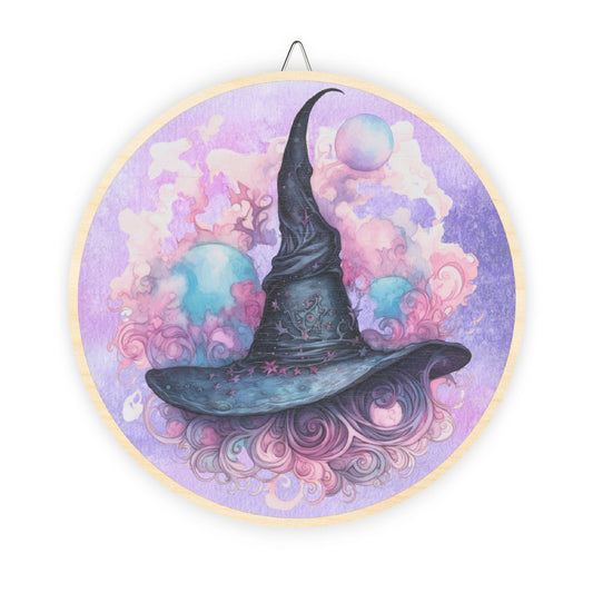 Witch Hat Wood Sign — Mystical Pastel Round Wall Decor