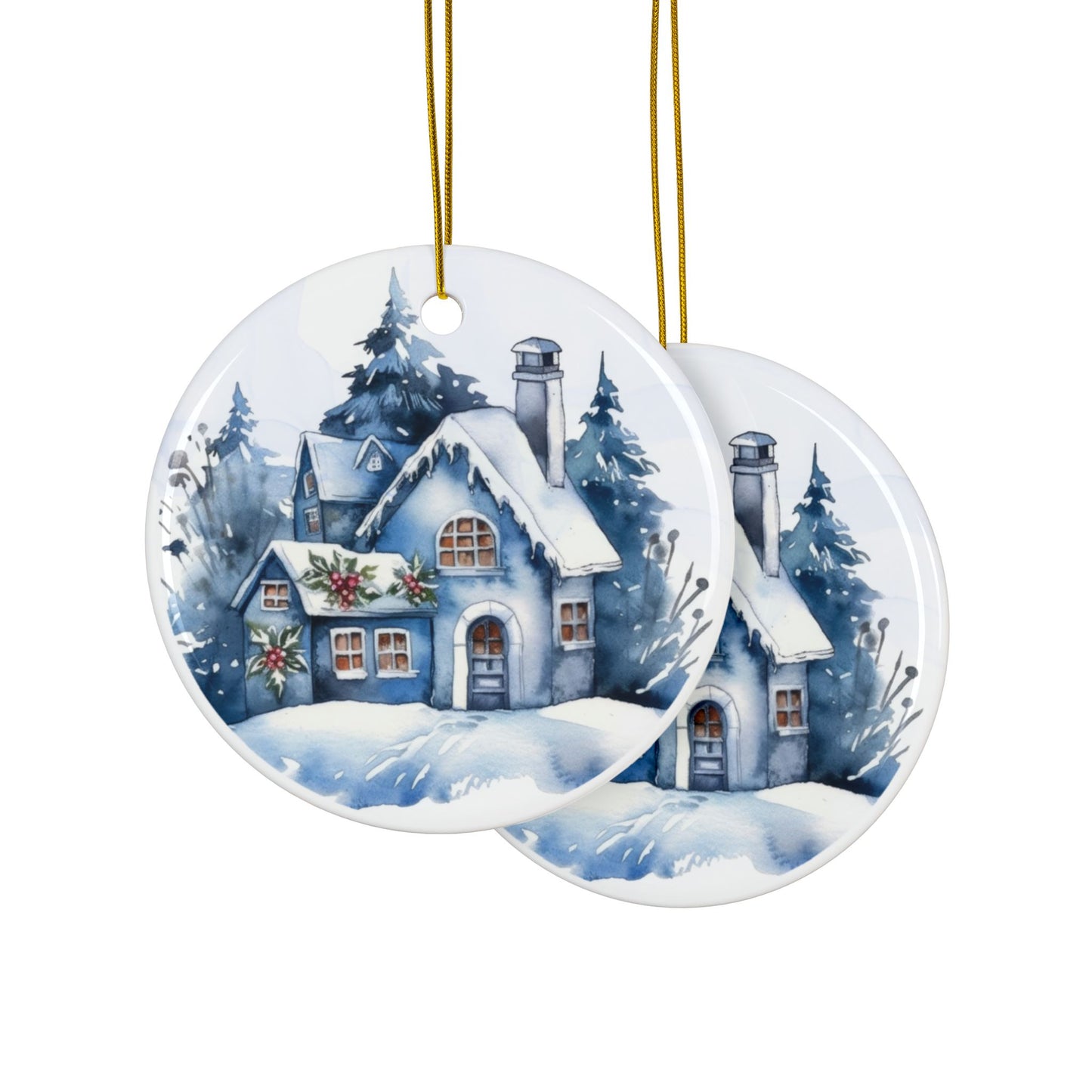 Blue Cottage Ceramic Christmas Ornaments