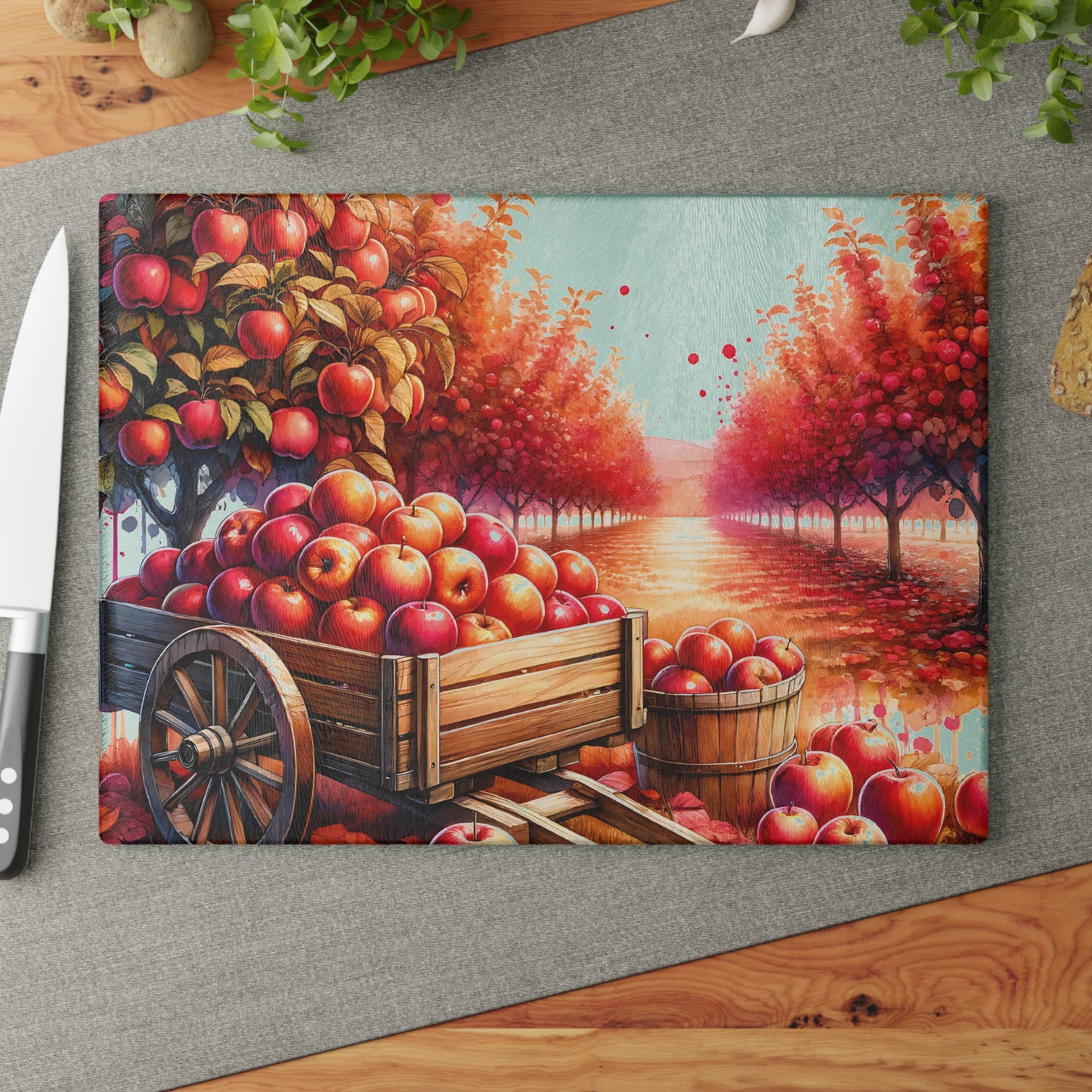 Autumn Apple Orchard Glass Cutting Board — Kitchen Decor