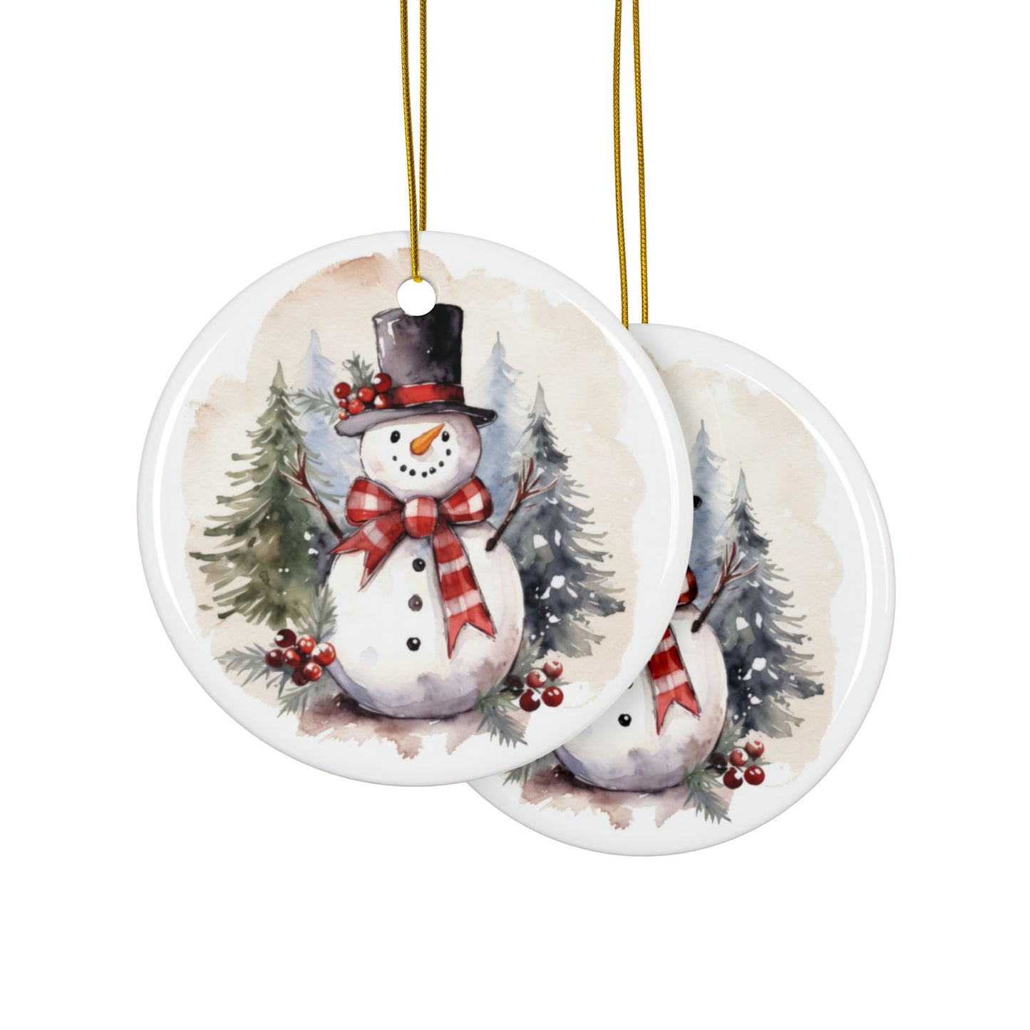 Snowman Ceramic Ornaments - Winter Holiday Decor, 2-Sided Print (Available in 1, 3, 5, 10 pcs)