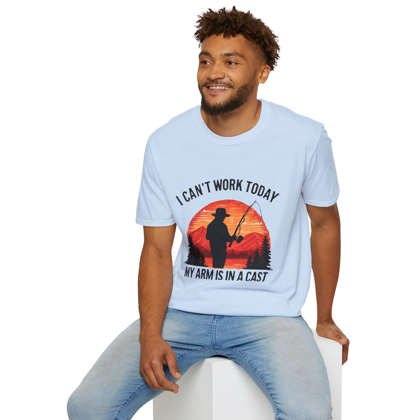 Fishing T-Shirt — "I Can't Work Today, My Arm Is in a Cast" Vintage Sunset Gift