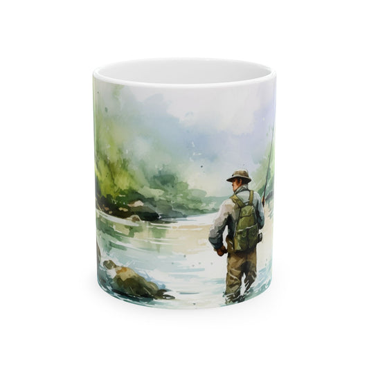 Fly Fishing Scenic Ceramic Mug — Angler River Landscape Coffee Cup (11oz, 15oz)