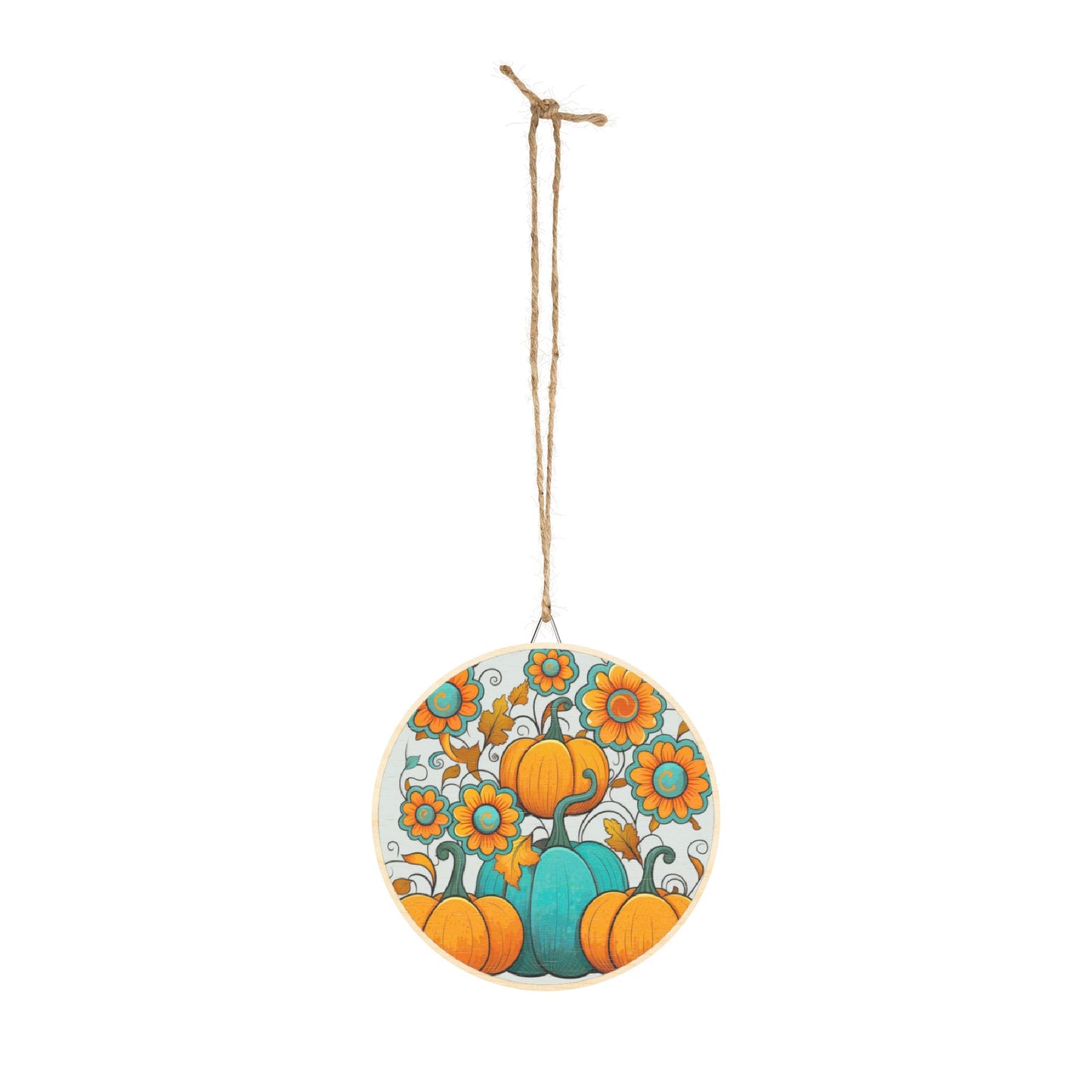 Round Autumn Pumpkin Wood Sign — Teal & Orange Fall Door Hanger