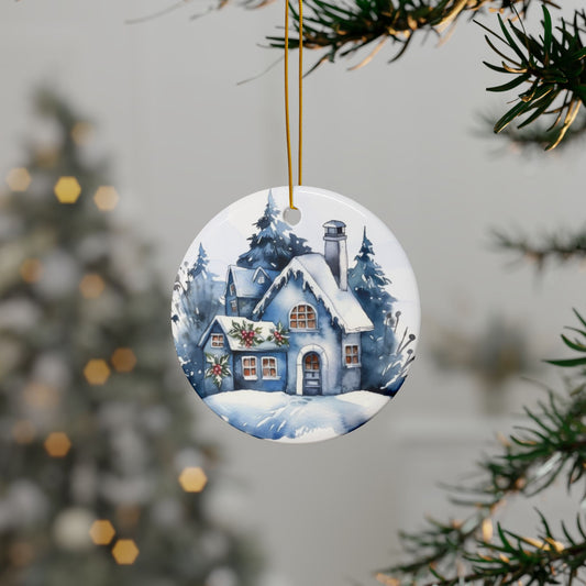 Blue Cottage Ceramic Ornaments - 2-Sided Print - Perfect Holiday Decorations