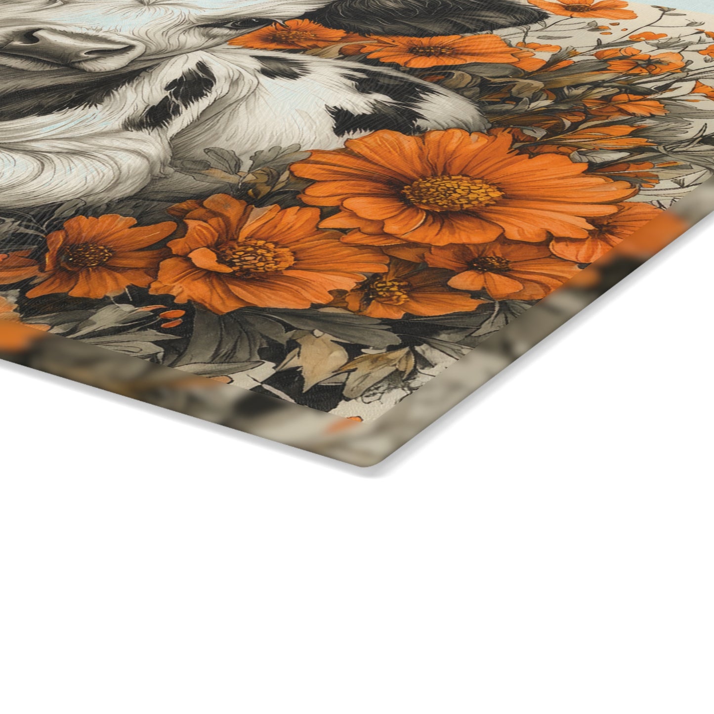 Cute Calf in Orange Wildflowers Glass Cutting Board — Decorative Chopping Board