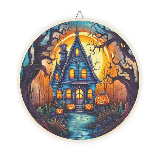 Halloween Haunted House Round Wood Sign — Spooky Pumpkin Porch Décor