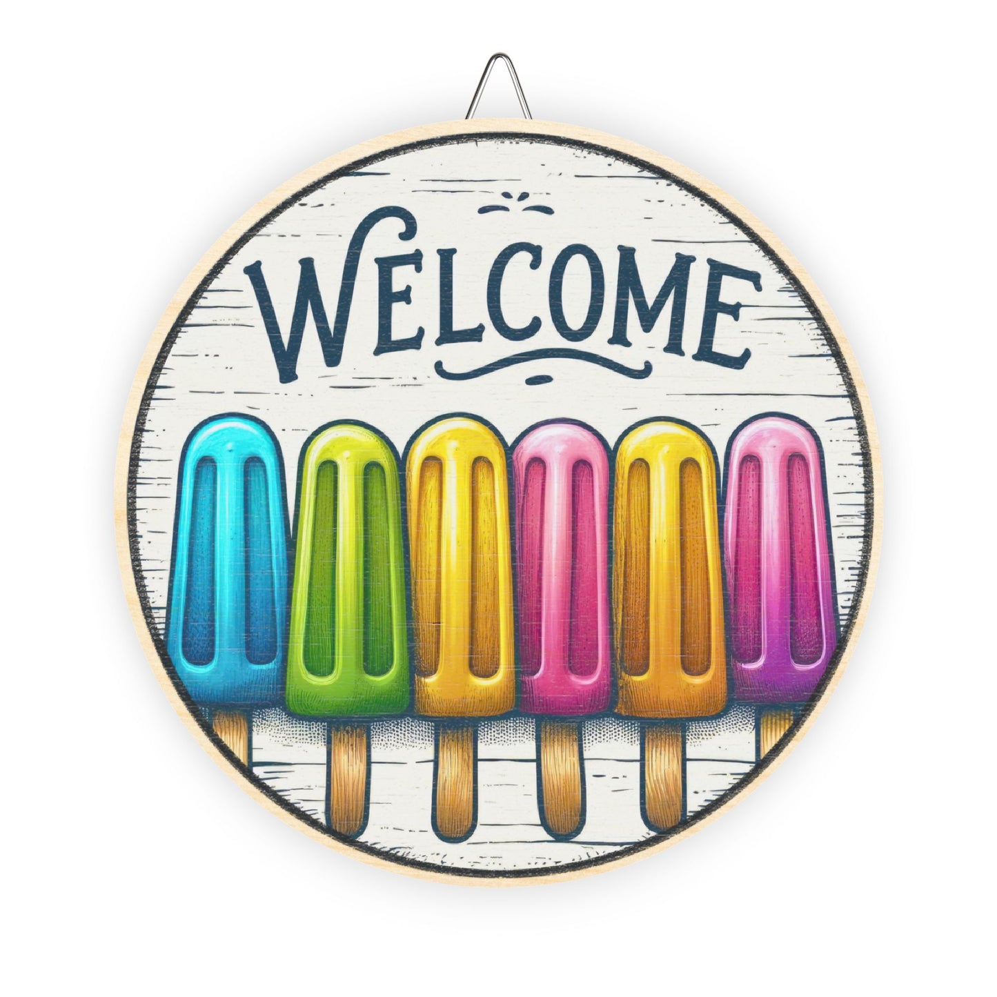 Welcome Popsicle Summer Wood Sign – Colorful Round Rustic Wall Decor