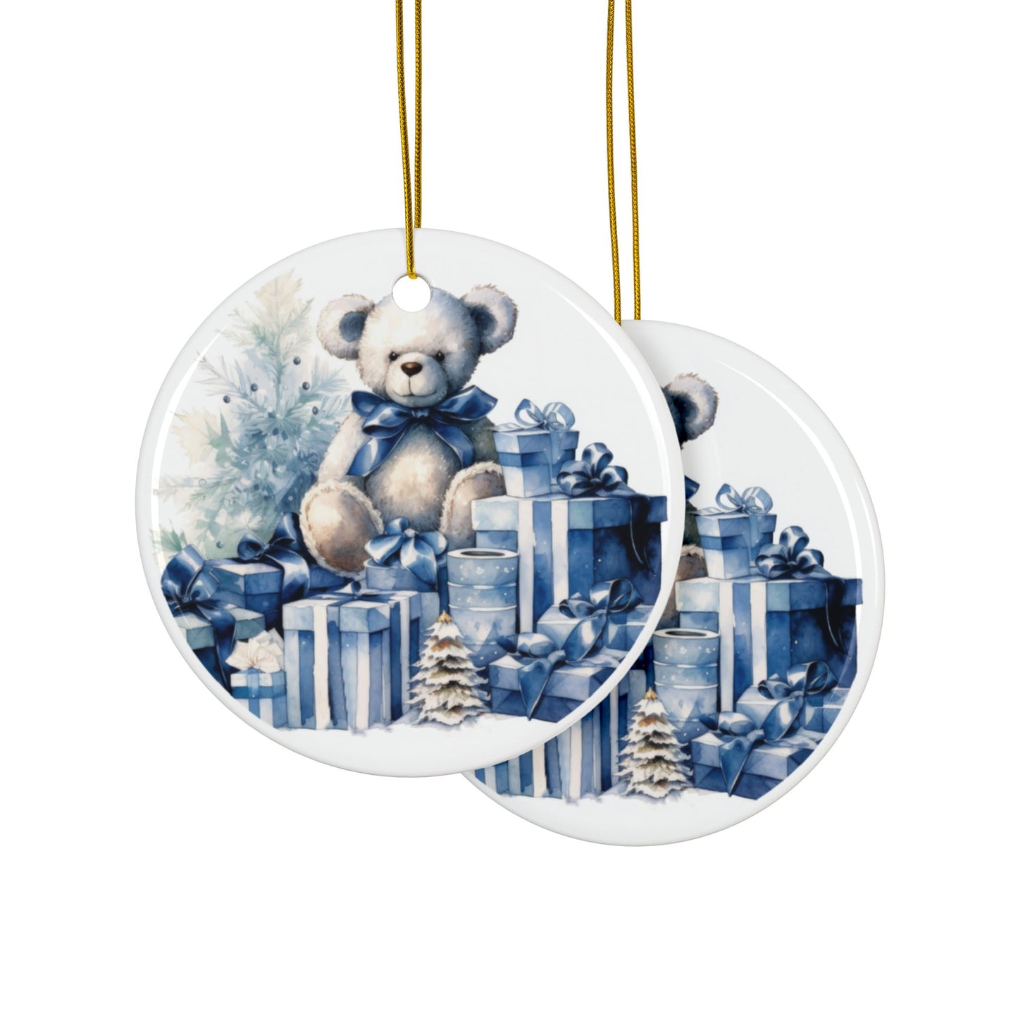 Blue Teddy Bear Christmas Ornaments - 2-Side Print - Holiday Decorations