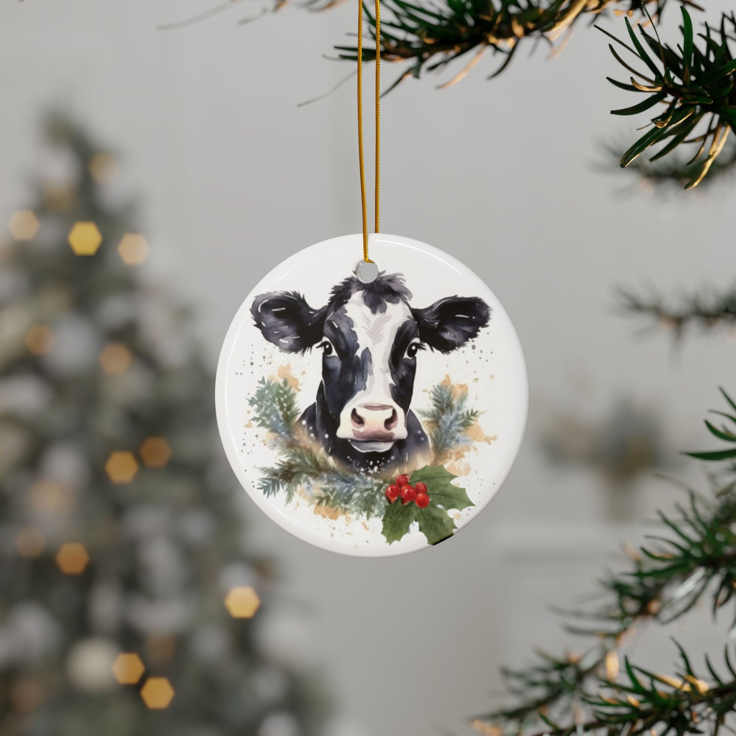 Farmhouse Cow Christmas Ceramic Ornaments - 2-Sided Design - Holiday Decor