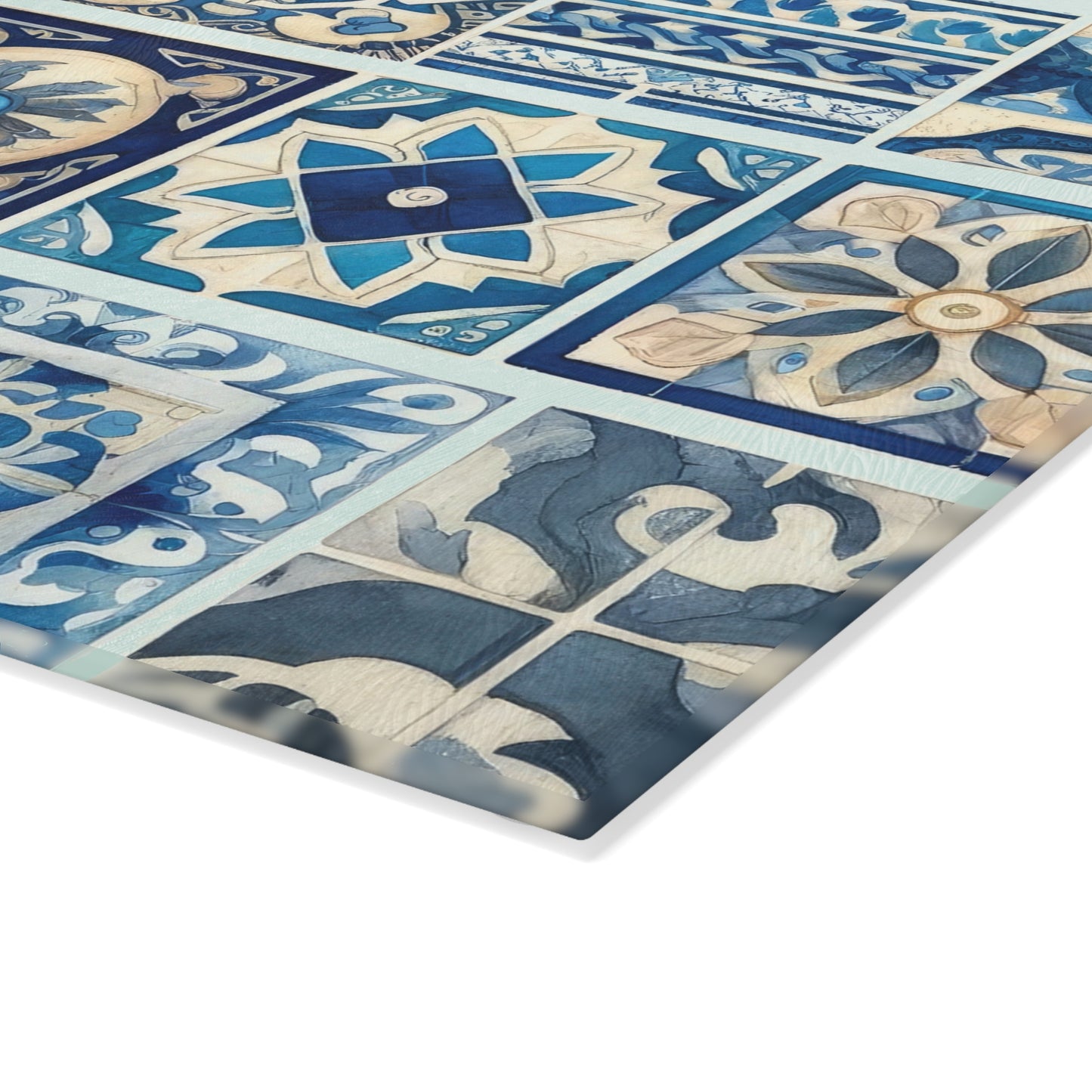 Blue Tile Pattern Glass Cutting Board — Mediterranean Mosaic Kitchen Board