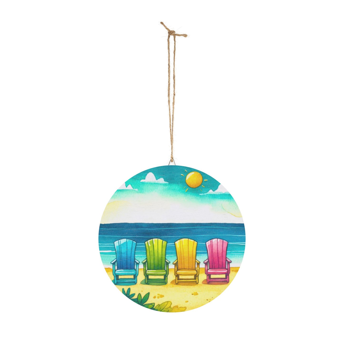 Beach Chairs Round Wood Sign - Colorful Coastal Wall Decor