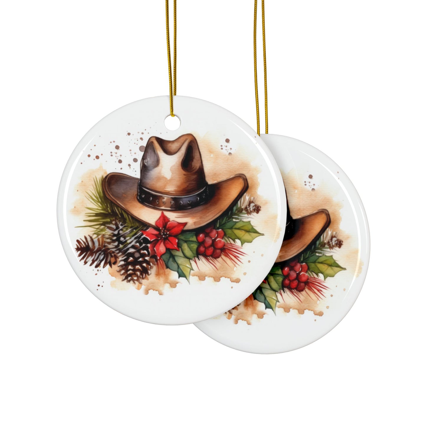 Rustic Cowboy Hat Christmas Ceramic Ornaments - 2-Sided Holiday Decor