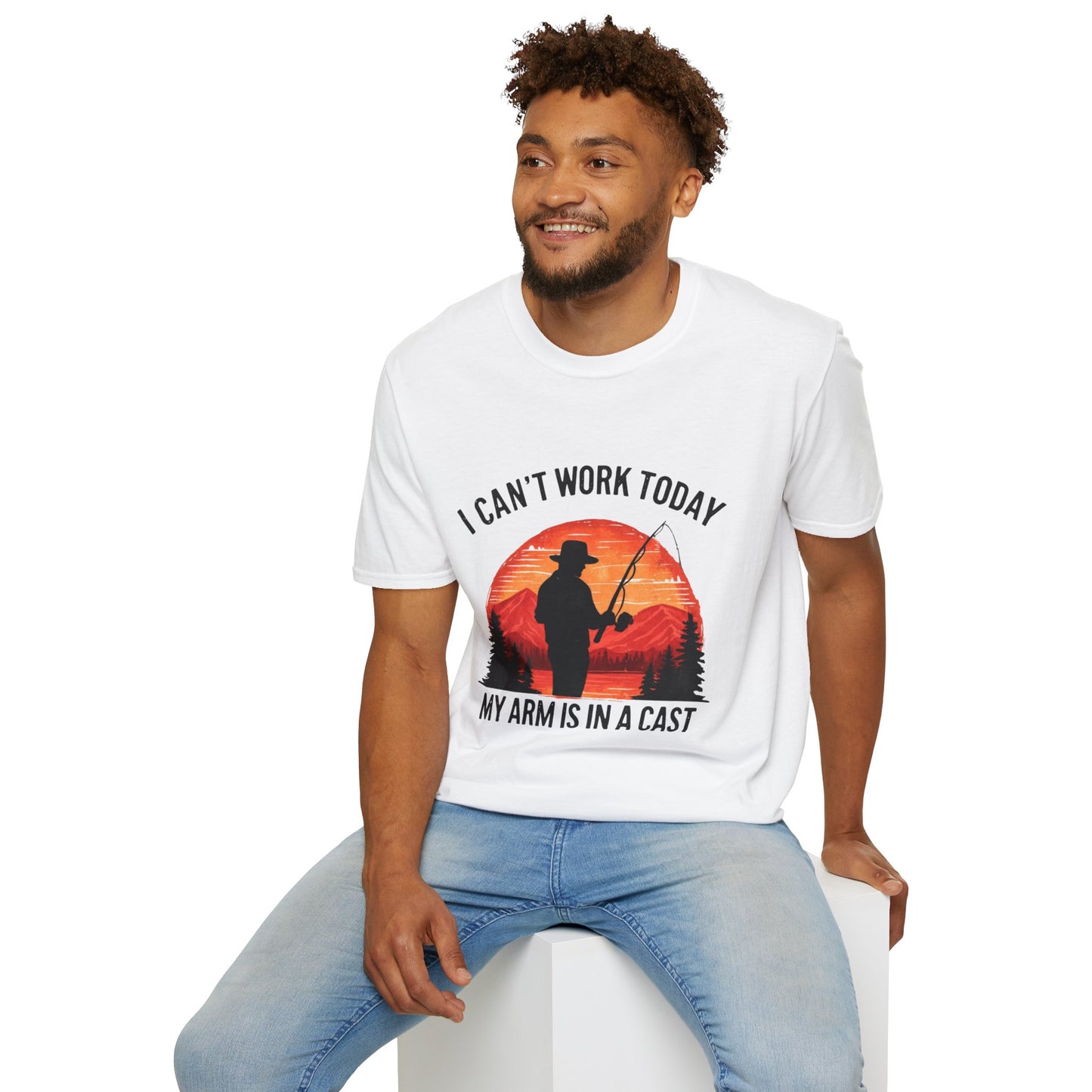 Fishing T-Shirt — "I Can't Work Today, My Arm Is in a Cast" Vintage Sunset Gift