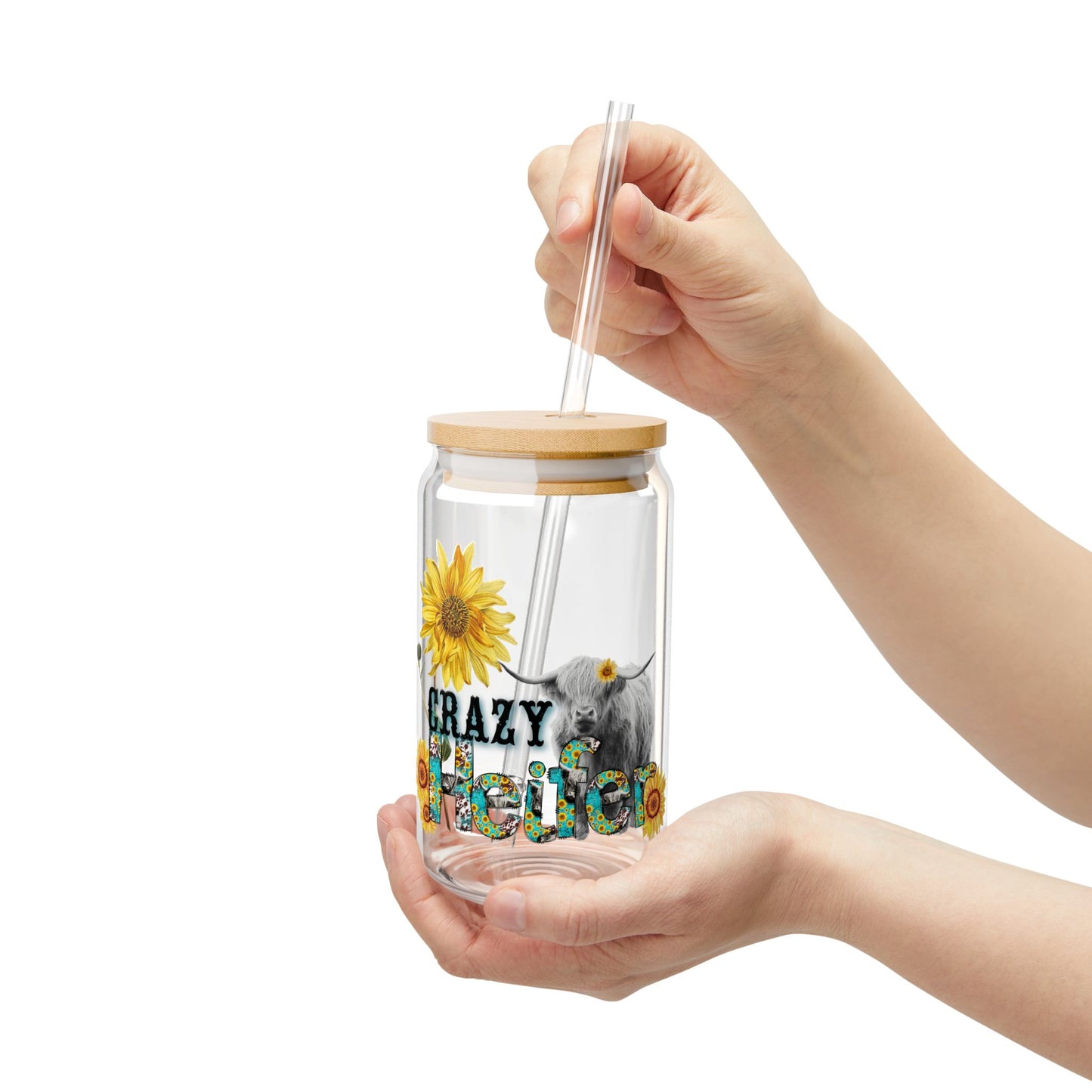 "Crazy Healer" Sunflower Cow 16oz Reusable Tumbler Sipper Glass