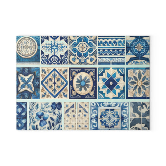 Blue Tile Pattern Glass Cutting Board — Mediterranean Mosaic Kitchen Board