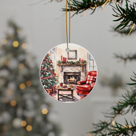 Cozy Living Room Christmas Ceramic Ornaments - 2-Sided Print