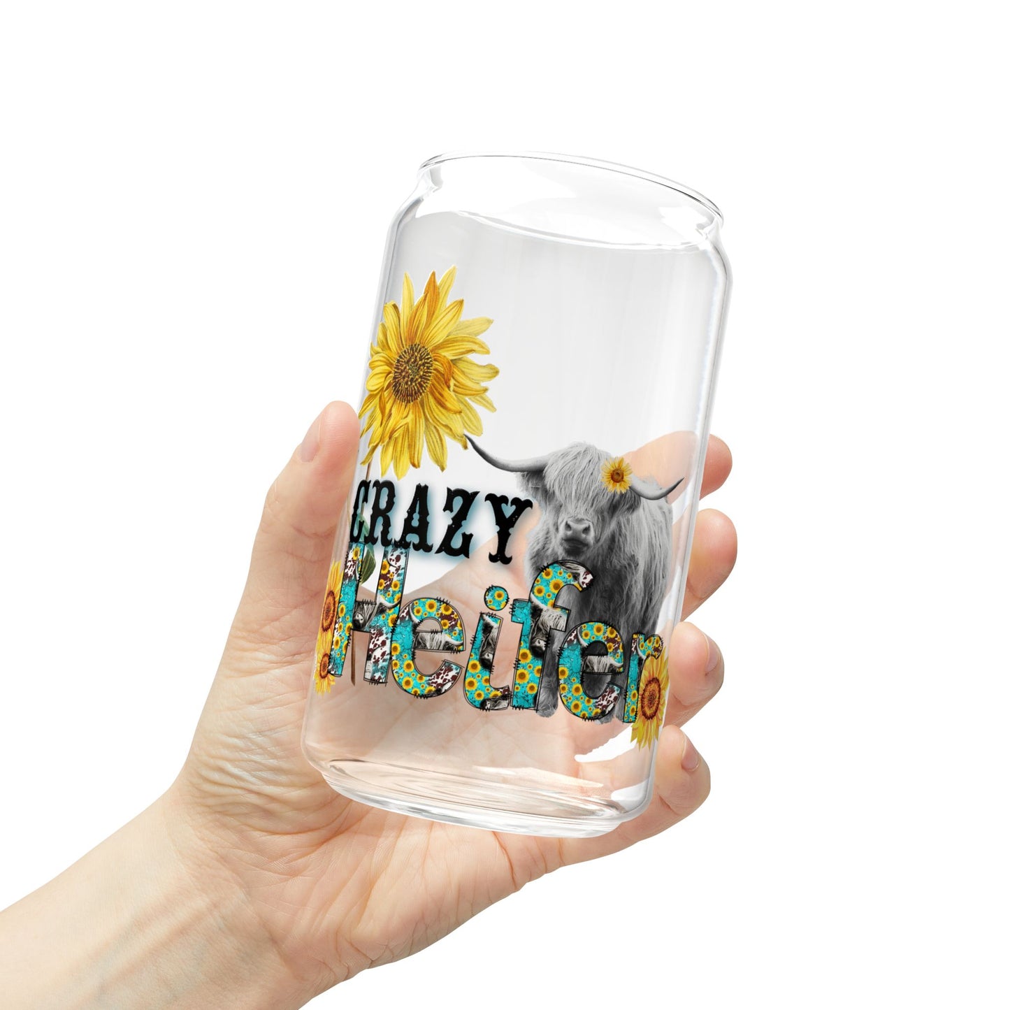 "Crazy Healer" Sunflower Cow 16oz Reusable Tumbler Sipper Glass