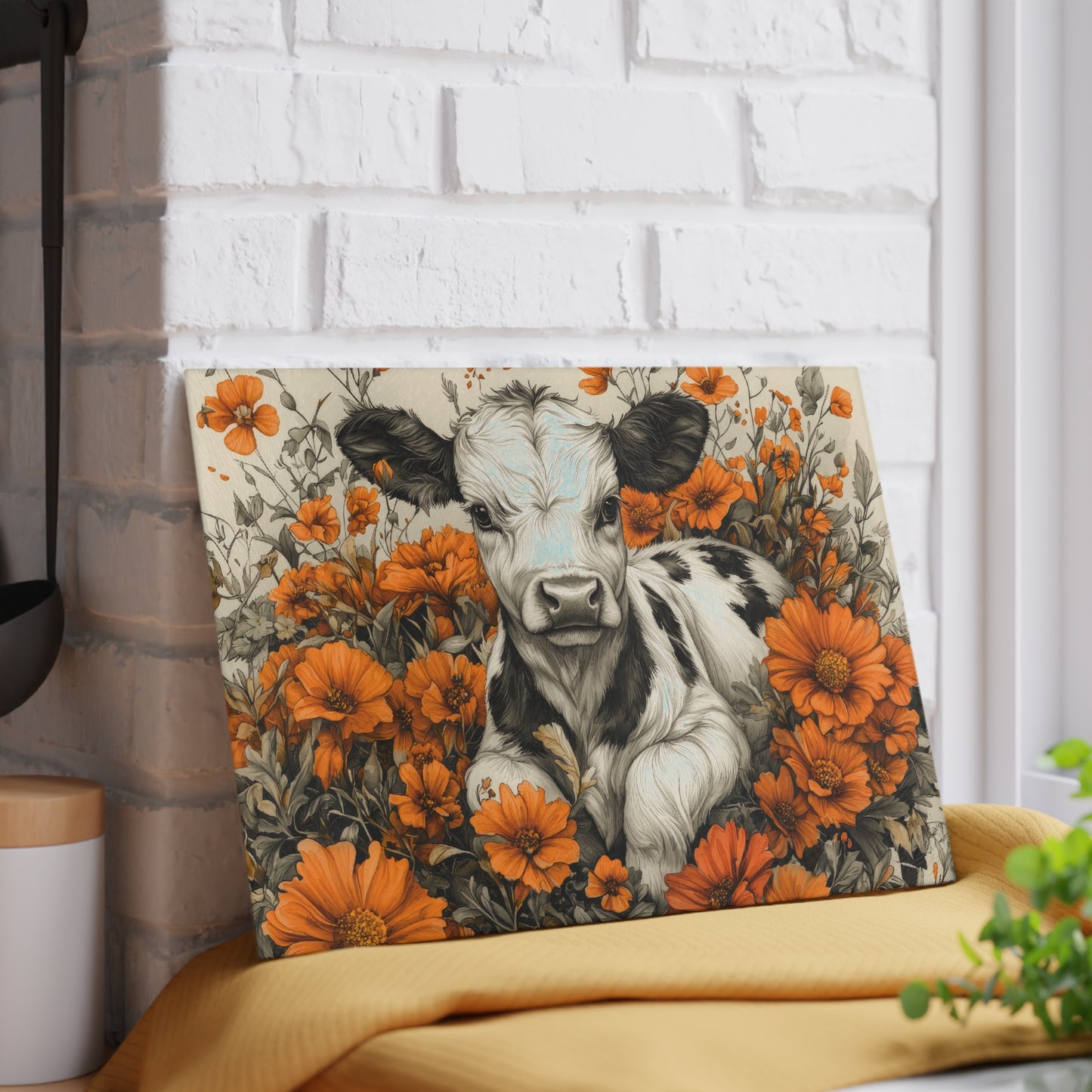 Cute Calf in Orange Wildflowers Glass Cutting Board — Decorative Chopping Board