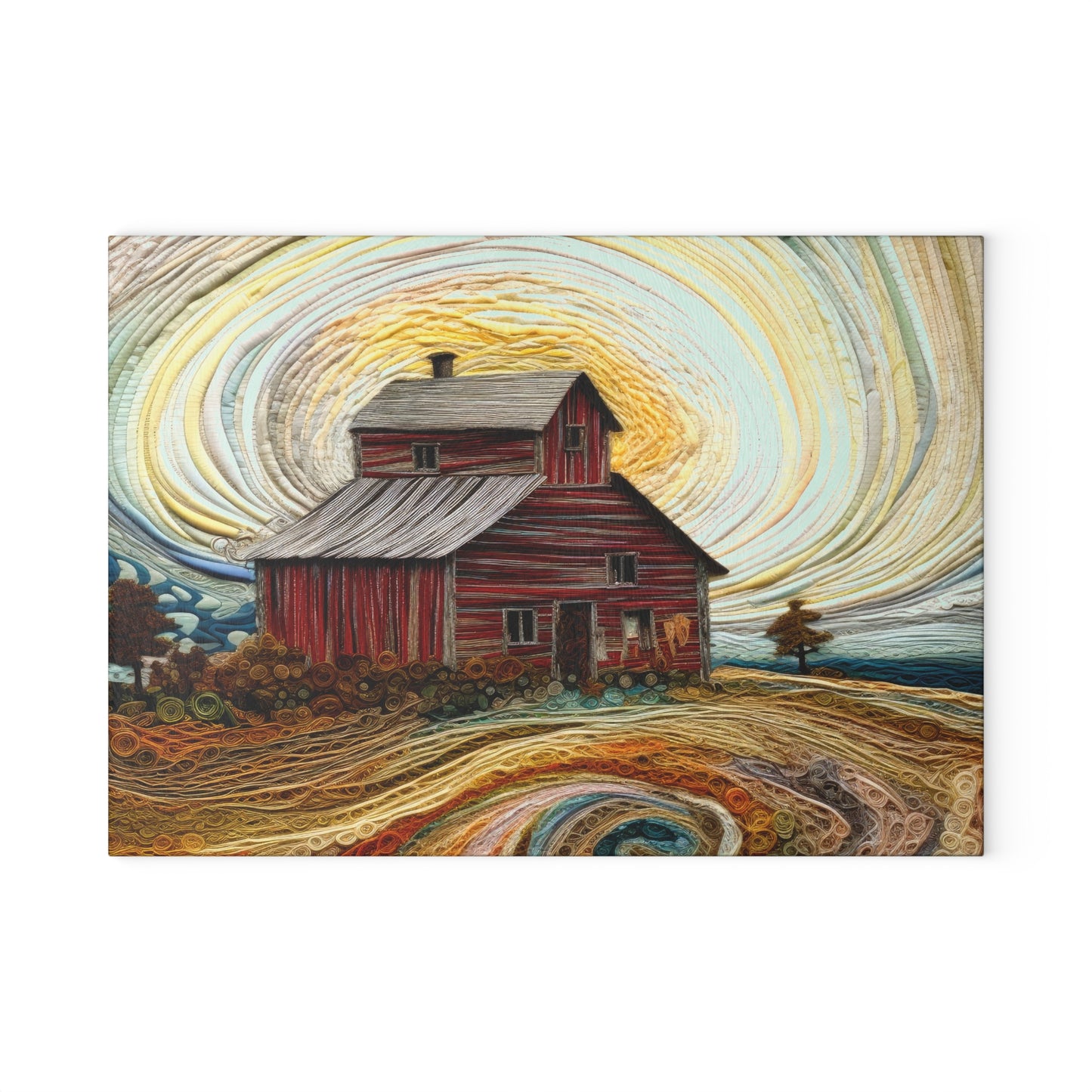 Barn Landscape Glass Cutting Board — Rustic Farmhouse Kitchen Art