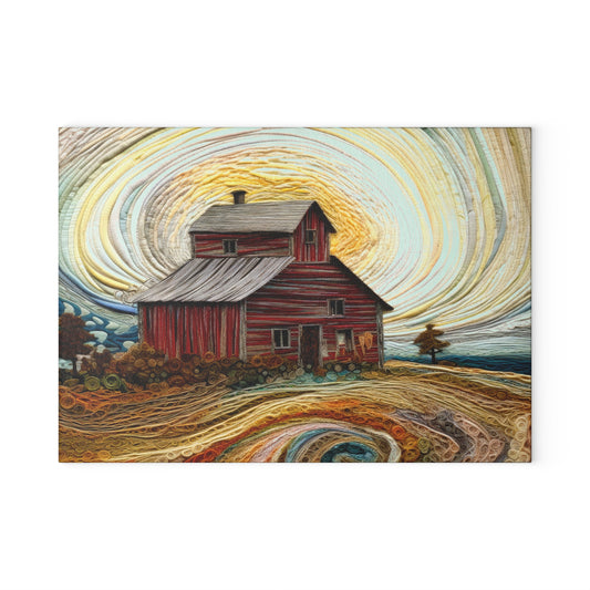 Barn Landscape Glass Cutting Board — Rustic Farmhouse Kitchen Art