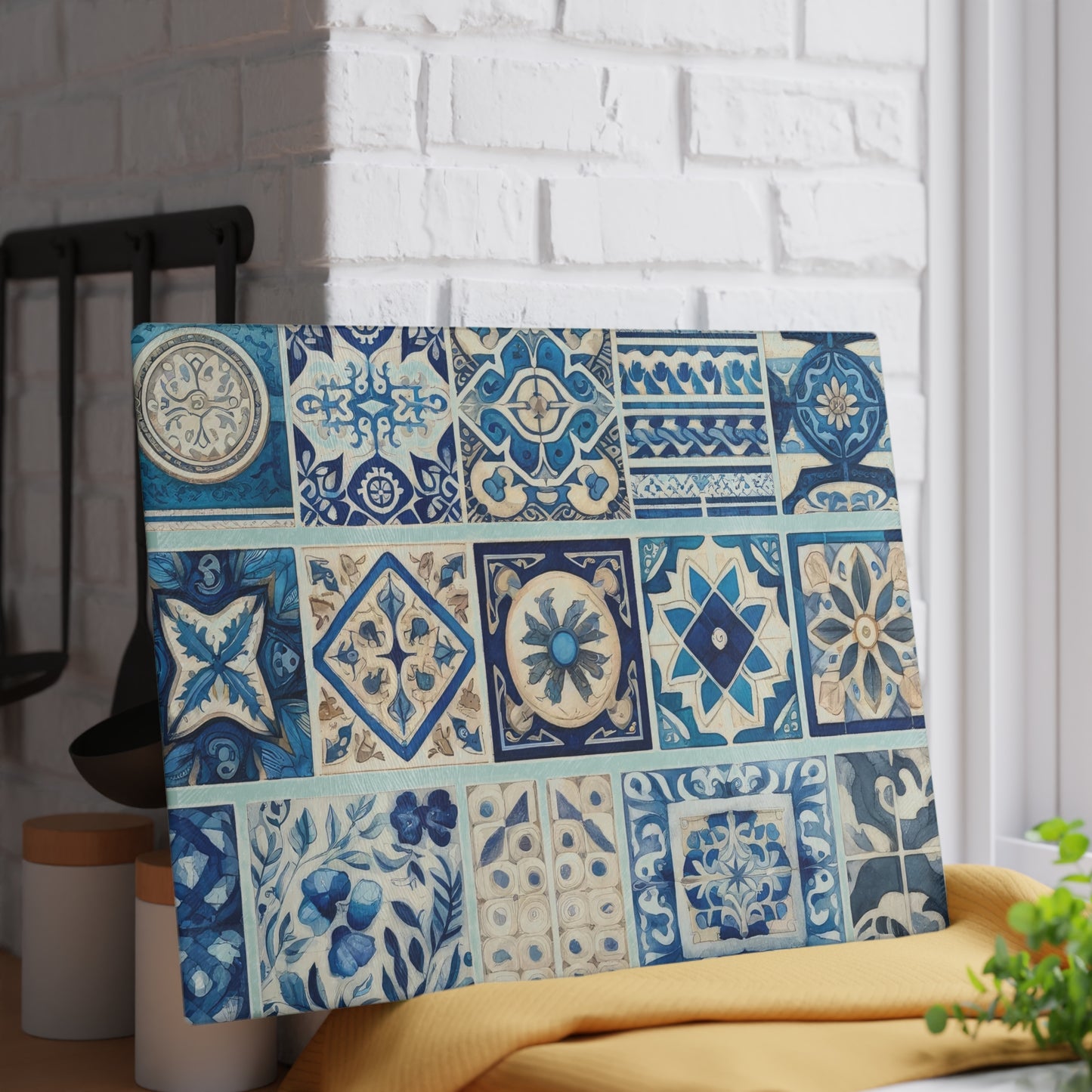 Blue Tile Pattern Glass Cutting Board — Mediterranean Mosaic Kitchen Board