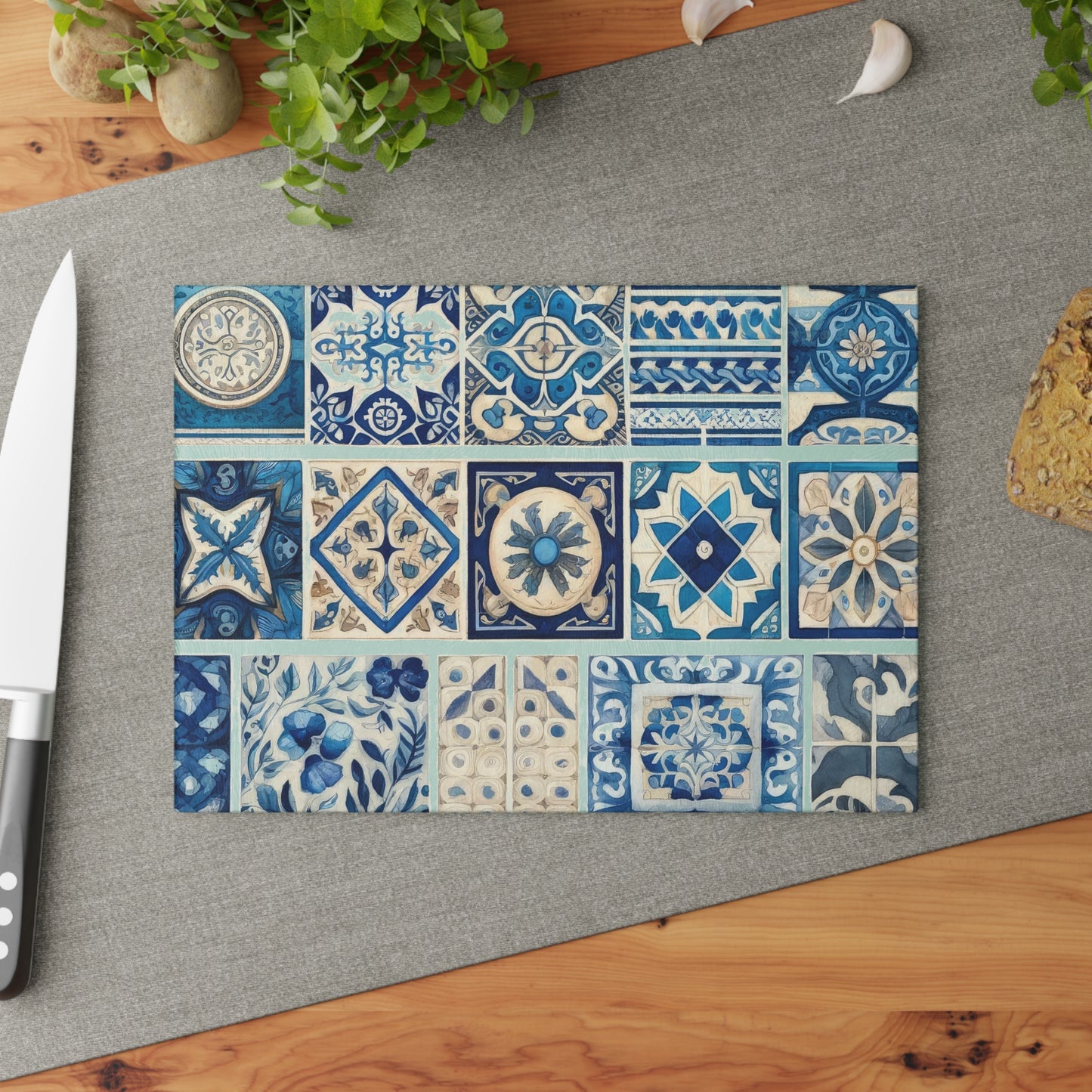 Blue Tile Pattern Glass Cutting Board — Mediterranean Mosaic Kitchen Board