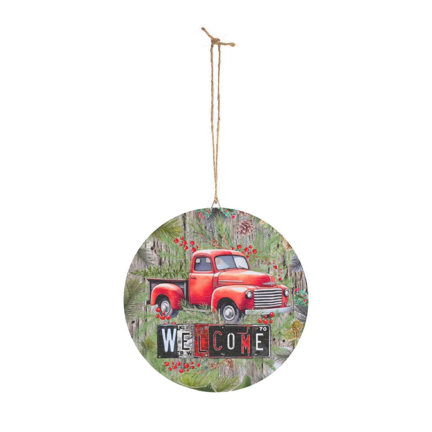 Welcome Red Truck Round Wood Sign — Rustic Farmhouse Décor for Porch, Entryway & Holiday (Welcome Text)