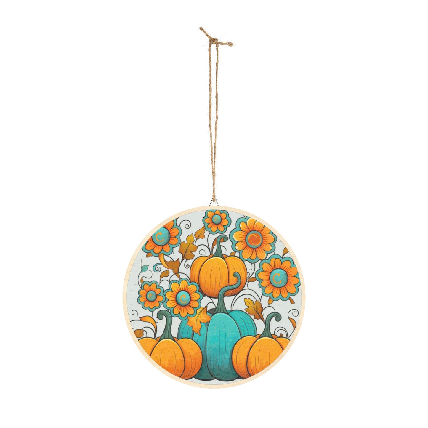 Round Autumn Pumpkin Wood Sign — Teal & Orange Fall Door Hanger
