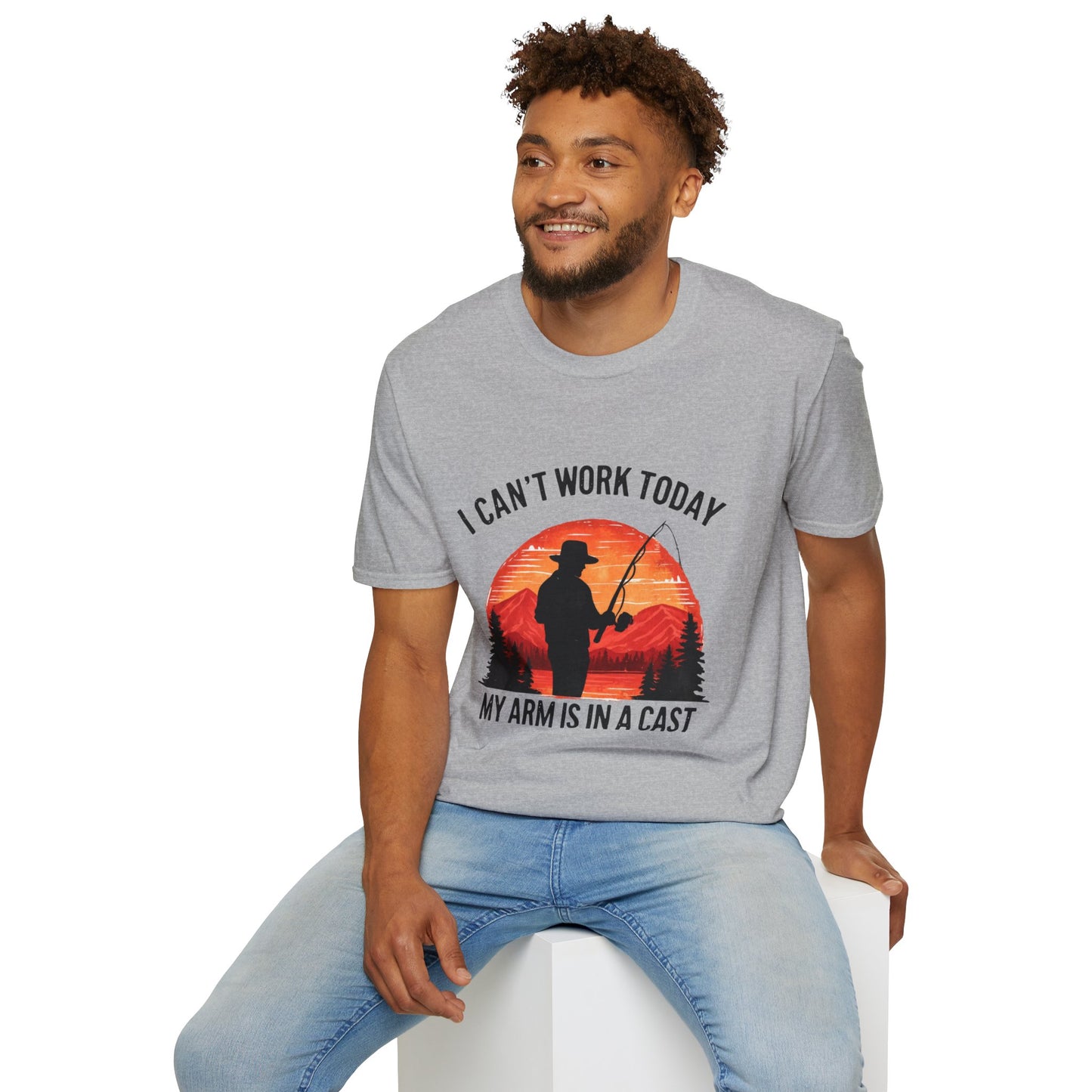 Fishing T-Shirt — "I Can't Work Today, My Arm Is in a Cast" Vintage Sunset Gift