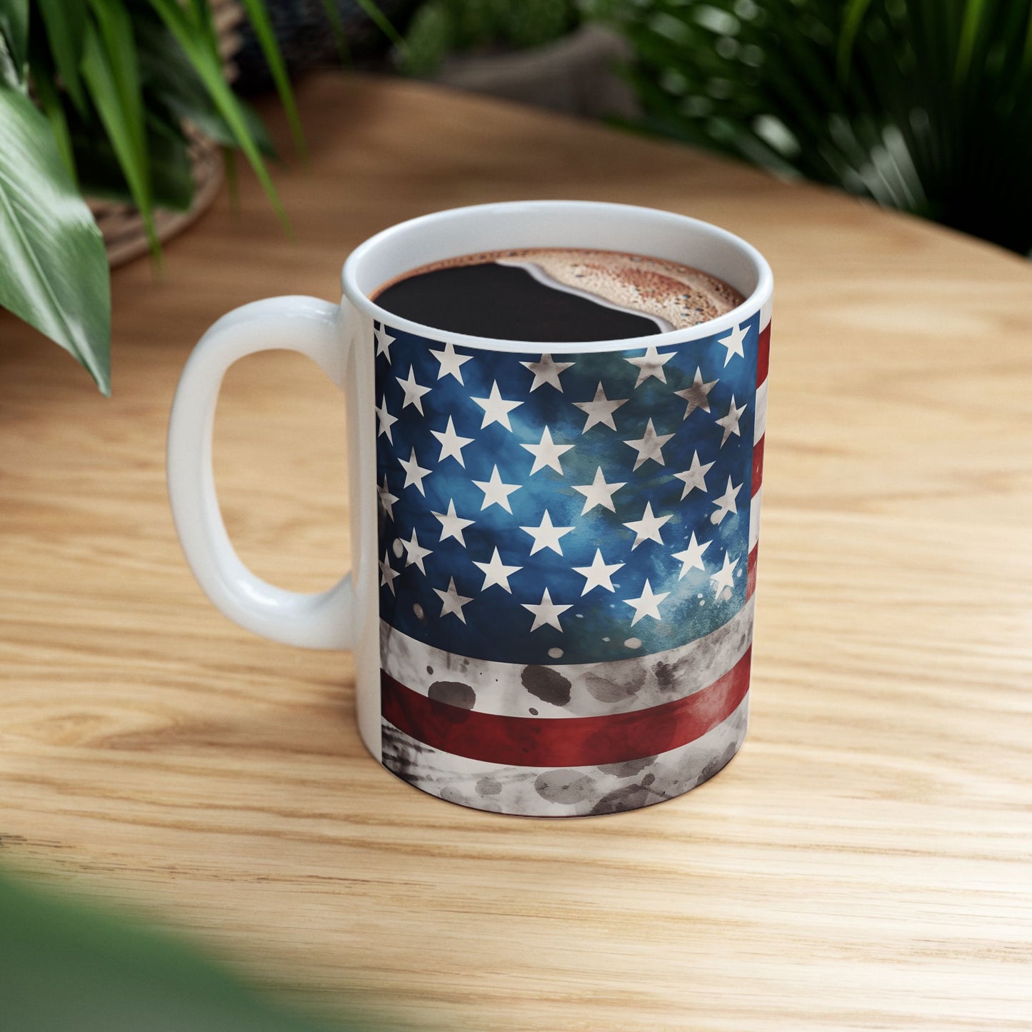 American Flag Ceramic Mug — Vintage Distressed USA Patriotic Coffee Cup (11oz, 15oz)